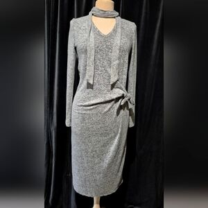 LUCKY BRAND Elegant Gray Knit Dress with Scarf